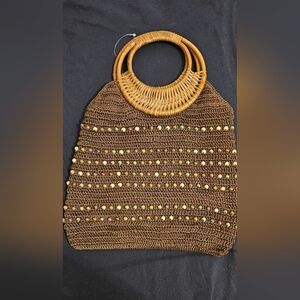 Wicker Handle Knit & Circle Bead Brown Colored Tote Handbag Boho Beach Vibes NWT